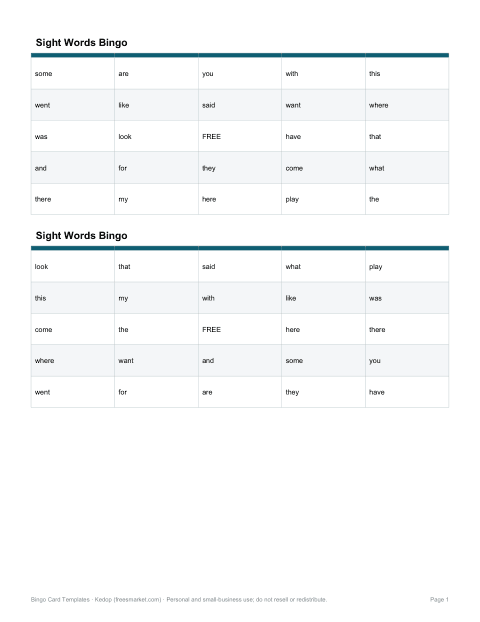 Preview of the first page of Sight Words bingo (PDF)