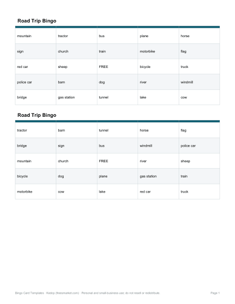 Preview of the first page of Road Trip bingo (PDF)