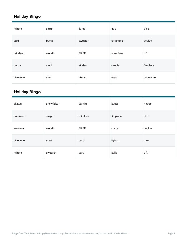 Preview of Printable Holiday Bingo Cards