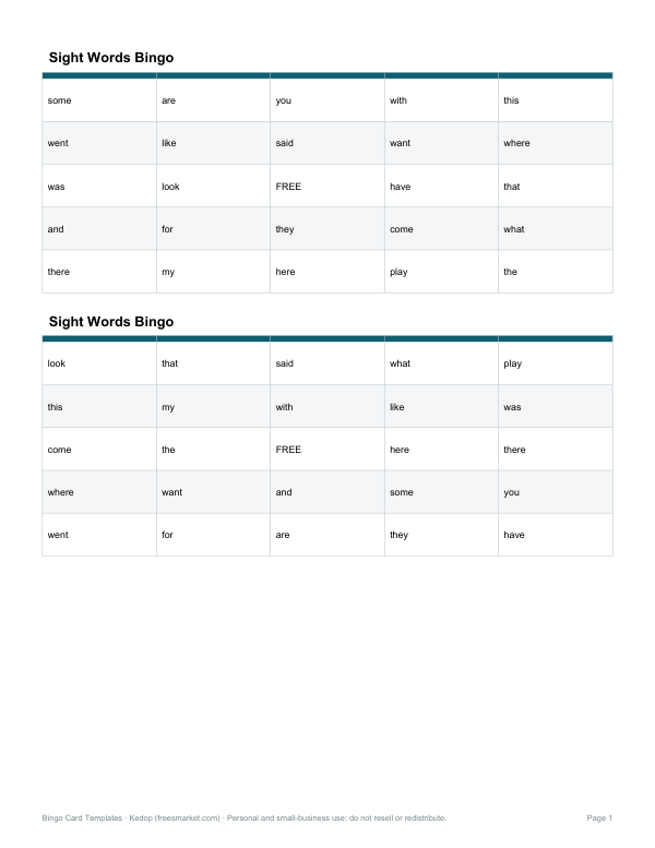 Preview of Printable Sight Words Bingo Cards